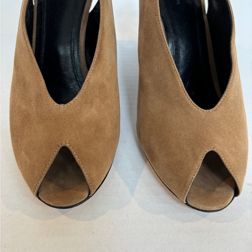 Celine Suede Peep-Toe Slingbacks  | Size 36 | Camel Suede Wedges - Picture 2 of 10